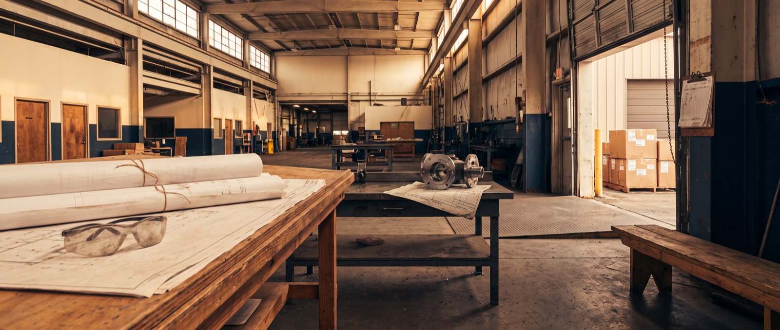 One facility in depth: rolled drawings and safety glasses in the foreground, a machined part and inspection sheet in the middle, shipping labels and a worn clipboard at the rear