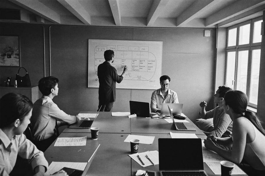 A hands-on AI workshop: a facilitator at a whiteboard walks an industrial team through a workflow diagram while attendees follow along over laptops