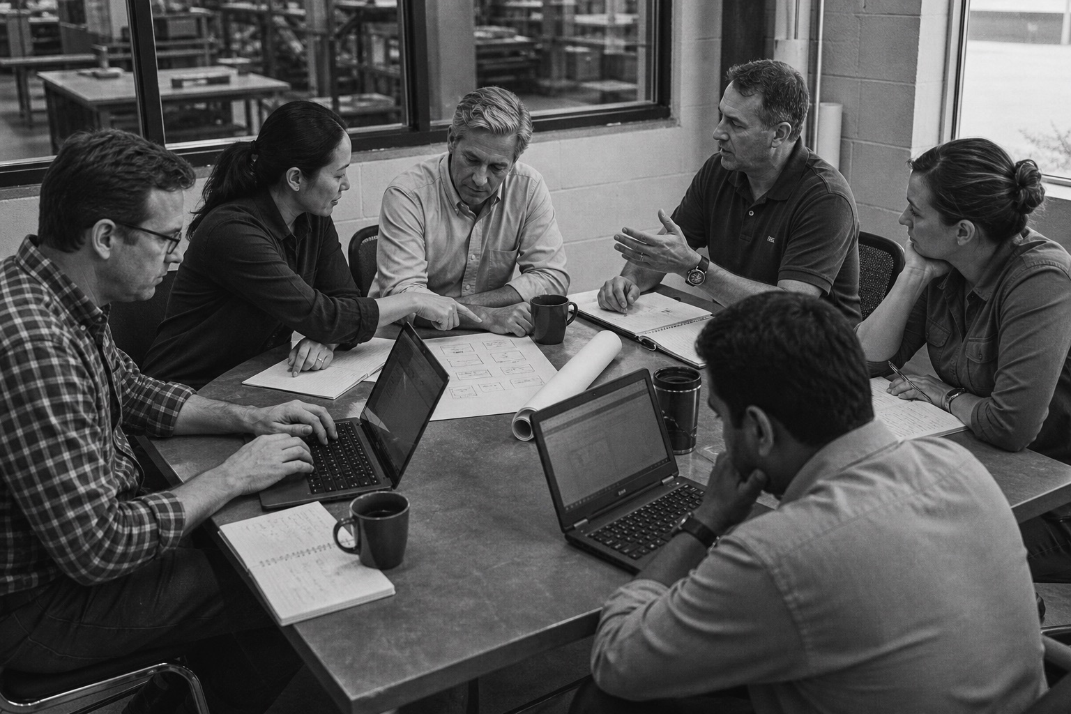 Executives and operations managers working together around laptops and process drawings in an industrial peer-group session